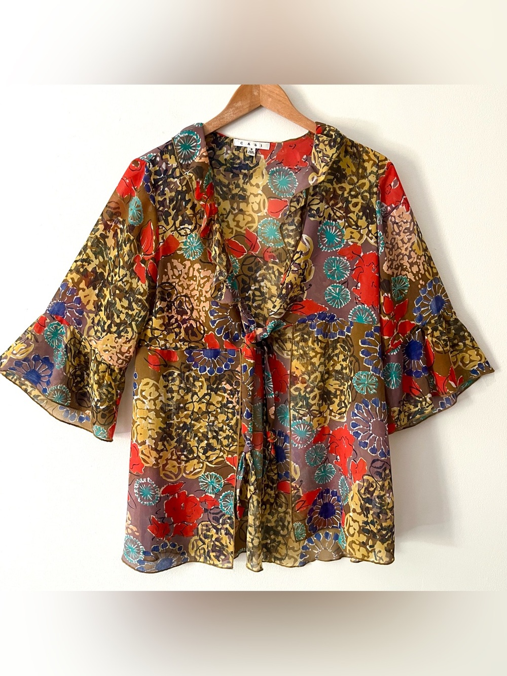CAbi Shakespeare Kimono Style SheerTaupe Multicoloe Tie Front Bell Sleeve Top S